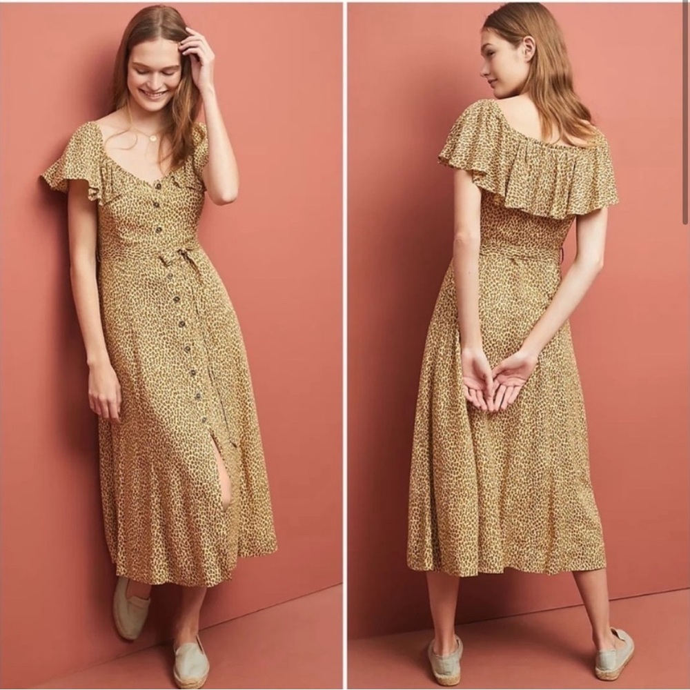 Anthropologie Yellow Ruffled Buttoned Midi Sundress
